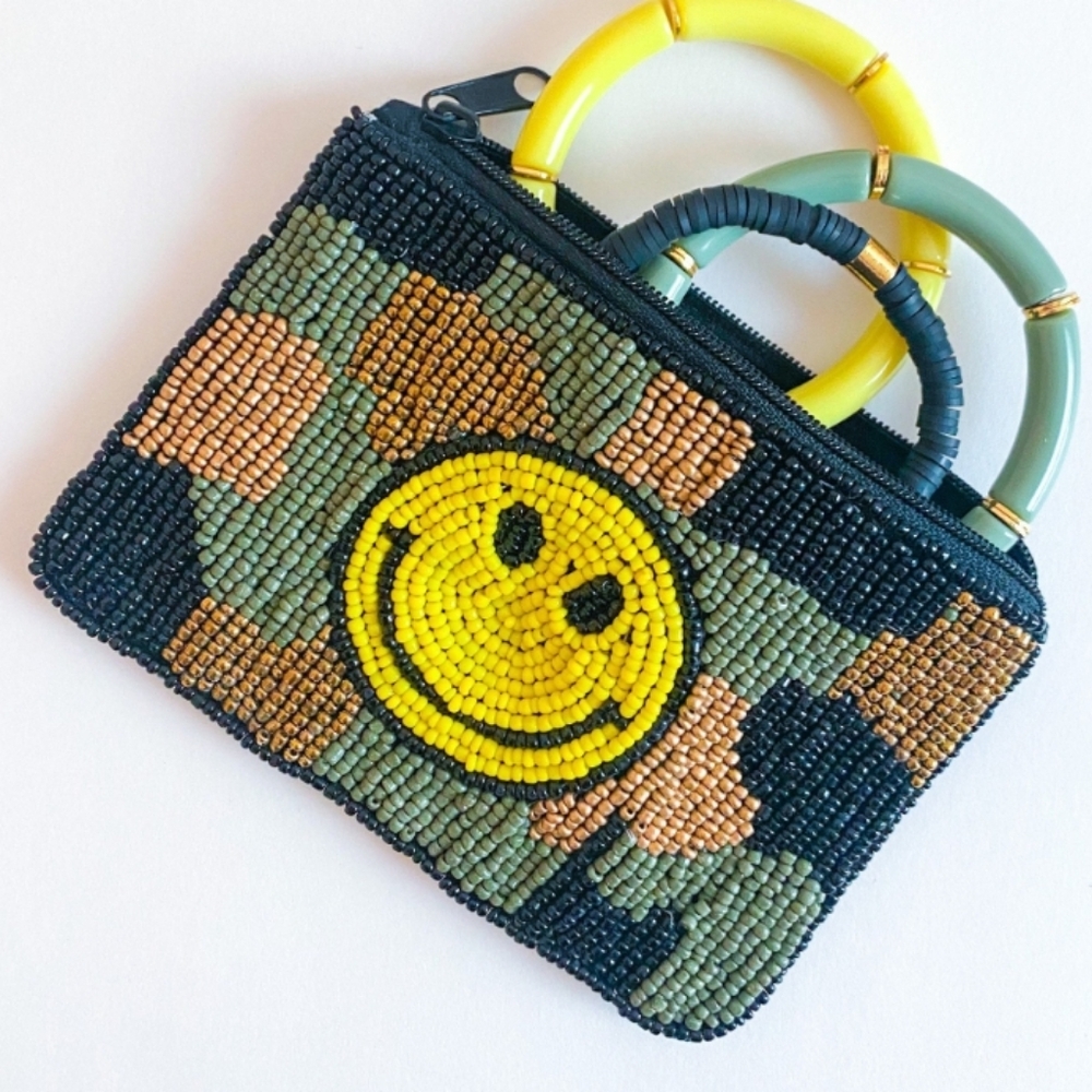 Beaded Smiley Face Coin Purse | Camo Zip Pouch Hand Beaded